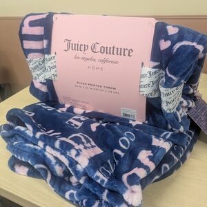 Juicy Couture Plush Throw Blanket Navy Pink Logo Hearts Soft Cozy Home Decor